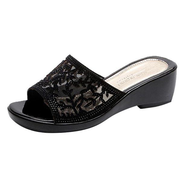 

women's shoes wedge thick bottom ladies slippers mesh rhinestone summer mother' sandals sapatos feminino#wy, Black
