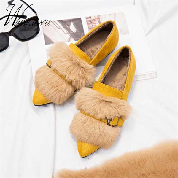 

lady pointed slippers yellow furry flats fashion fur winter candy color loafers casual new women button flat shoes luxury, Black