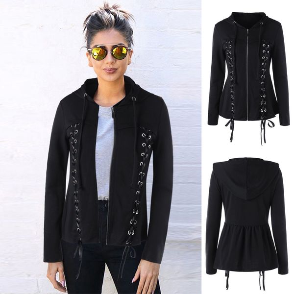 

halloween ribbon stringing coat female hooded sport jacket long sleeve sweatshirt running sportswear pu a27, Black;red