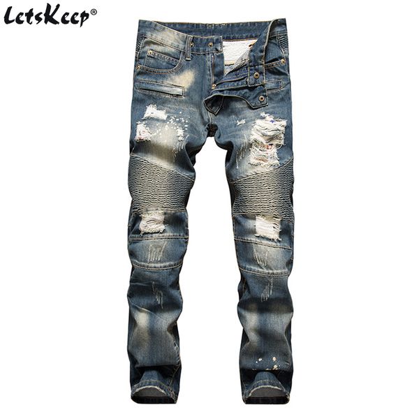 

2017 letskeep mens ripped biker jeans men print striped skinny motorcycle jeans knee hole destroyed boots slim fit ,ma396, Blue