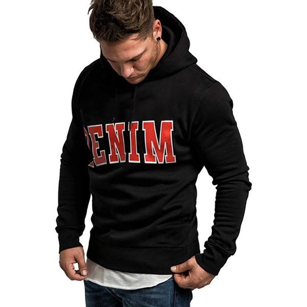 

letters printed sweatshirts men's long sleeve hooded pullovers autumn spring casual sweatshirt solid color loose pullover ##4, Black