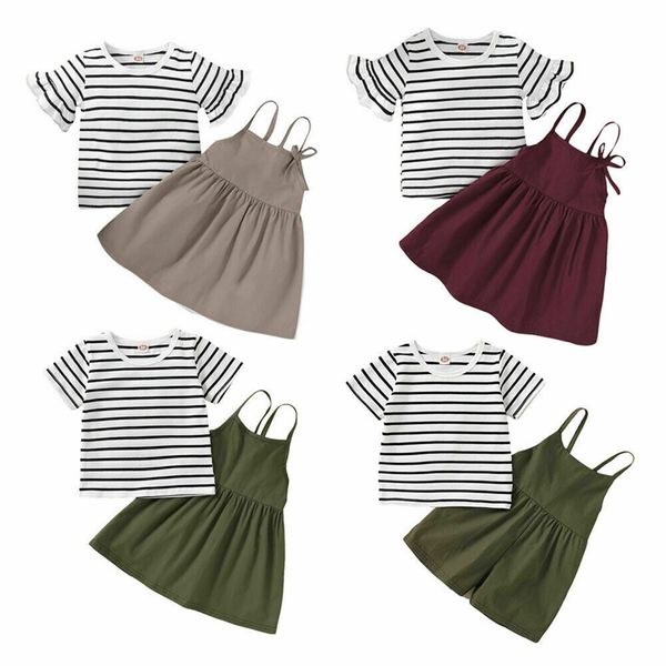 

2020 fashion summer infant kids girls clothes sets casual stripe short sleeve t shirt +strap skirt 2pcs set, White