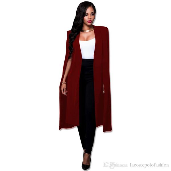 

womens designer long cape fashion solid office lady suit jacket business donna v neck cardigan coats, Black