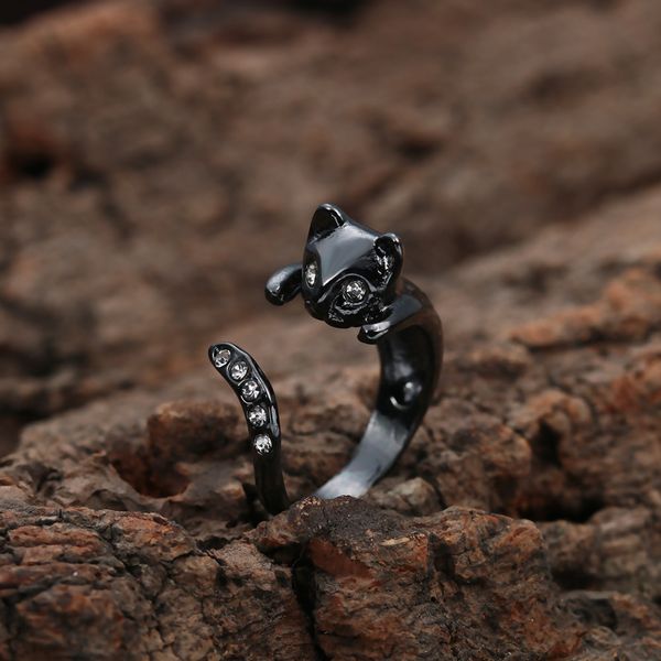 

kinitial black gold crystal rings adjustable elegant cat rings animal index finger ring claddagh rings for women fashion anillos, Slivery;golden