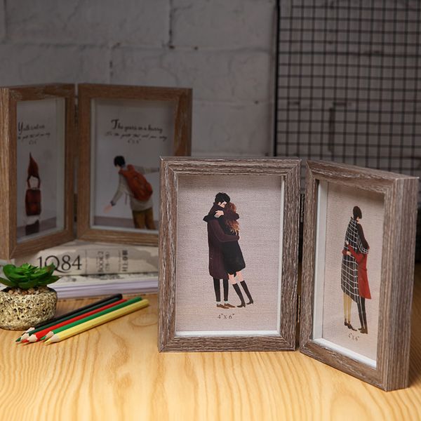 

6inch дважды фоторамка рабочего стола подарок дерево структура тень box diy постоянный вертикальный откидное стекло спереди домашнее украшен