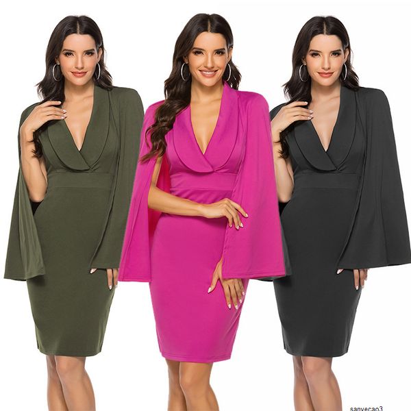 

womens designer solid color banquet dress v-neck long sleeve hip split dress ztmoh, Black;gray