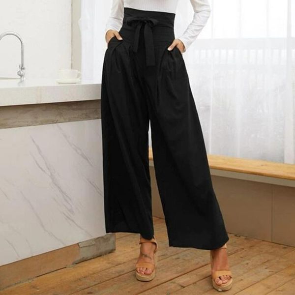 

fashion women solid color wide legs pants thin high waist full length lace-up loose casual pants plain office ladies trousers, Black;white