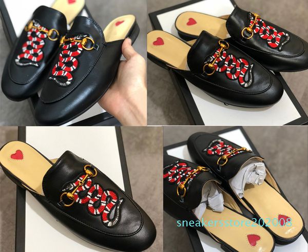 

brand mules princetown men women fur slippers mules flats genuine leather designer fashion metal chain ladies casual shoes s08, Black