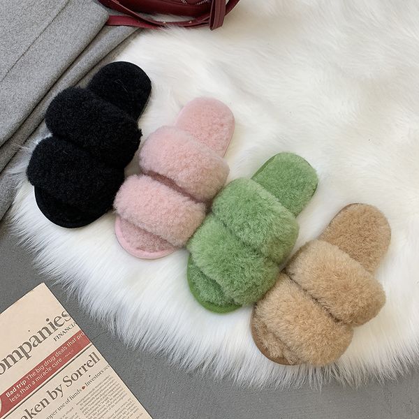 

flock slippers casual shoes winter footwear platform slipers women fur flip flops low slides soft luxury massage flat 2019, Black