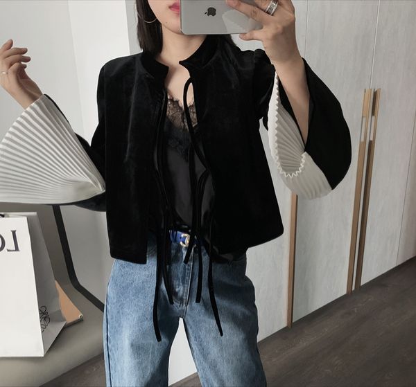 

high end velours women shirt string tie pleated patchwork flare sleeve chemise femme chemisier blusa mujer camisa, White