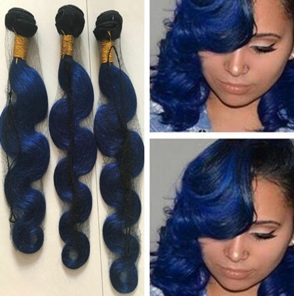 Ombre-blaue Haarverlängerungen, zweifarbige schwarze und blaue Virgin-Bündel, Schussgewebe