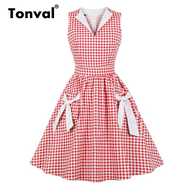 

tonval retro 50s v neck gingham red rockabilly dress women tie pocket side cotton pleated dress pin up vintage plaid dresses, Black;gray