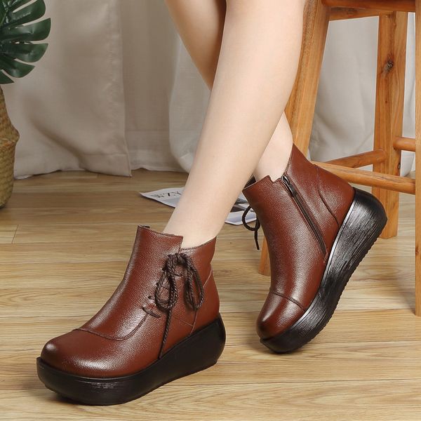 

round toe women's boots autumn boots-women shoes leather booties lace up winter footwear zipper clogs platform elegant lolita, Black