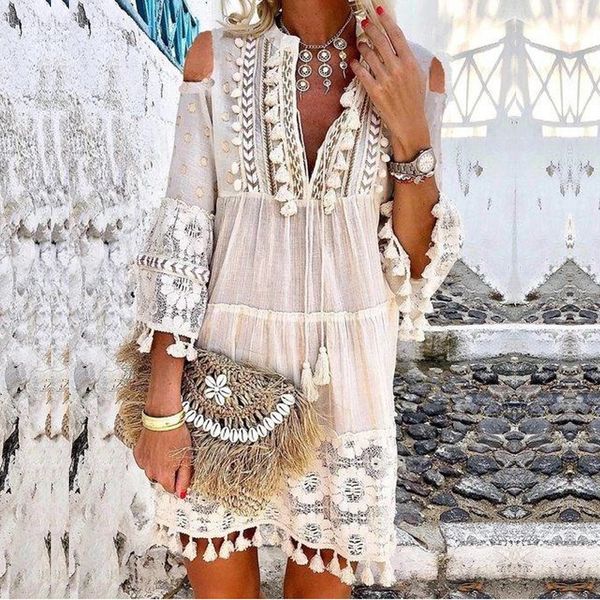 

summer tassel boho dress women v neck seven sleeve loose short dresses femme holiday bohemian chic dress plus size rode, Black;gray