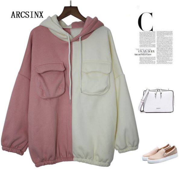 

arcsinx pink sweatshirt women's plus size 8xl 7xl 6xl 5xl 4xl fashionpatchwork women's jersey warm fleece winter hoodies women, Black