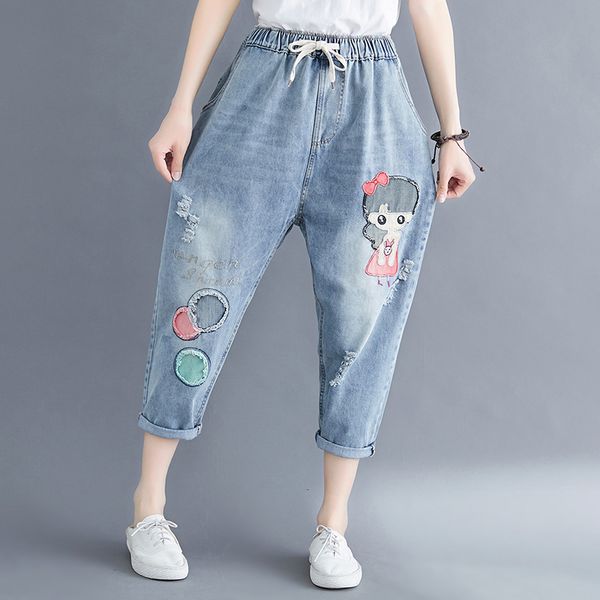 

navy blue white black feer embroidery do old hole haroun pants elastic waist bk4310