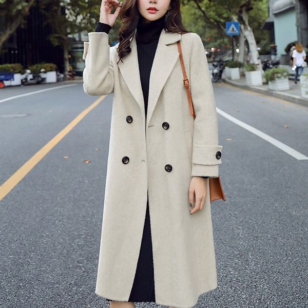 

cardigan long wool coat women autumn winter 2019 fashion work solid vintage winter office long sleeve button woolen jacket coat, Black