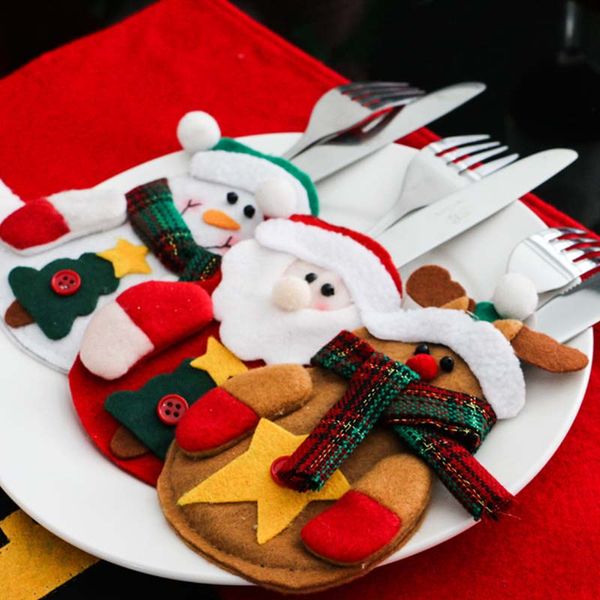 

3 styles christmas decorations silverware holders santa clause snowman elk fork knife pockets dinner table decor home decoration