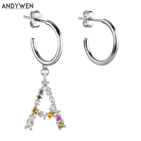 

andywen 925 серебро роскошь определено e буква серьги падения алфавит ^ s серьги начальные обручи красочные cz радуги ювелирных изделий, Silver