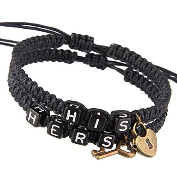 

braided rope bracelets his hers letter alloy & bangles black woven wristband couple fashion jewelry gifts charm, Golden;silver