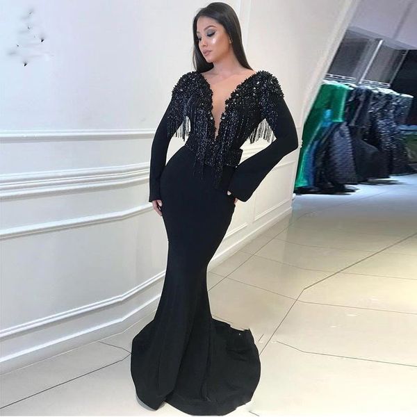 Tassel Black Mermaid Prom Dresses 2019 Vintage Langarm Tiefem V-Ausschnitt Open Back Abendkleider Robe de soiree Abendkleider