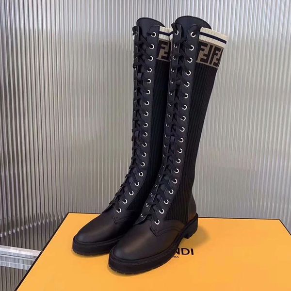 

2020 new autumn and winter leather stitching high boots women's straps wild socks boots classical flat knit elastic boots, Black