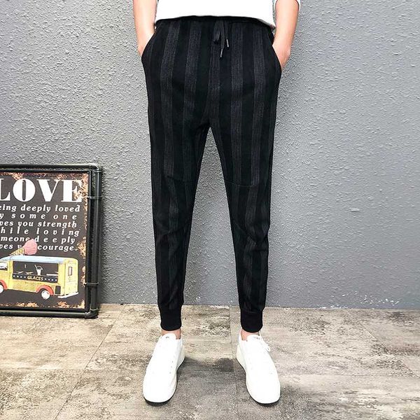 

winter thick pants men korean slim fit striped men casual pants all match comfortable harem joggers streetwear, Black