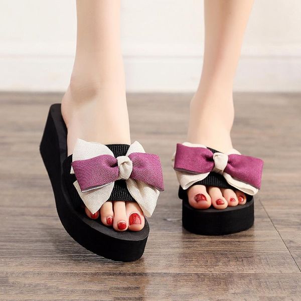 

fashion slippers women bowknot flip-flop shoes woman breathable wedge open toe beach slippers for women zapatos de mujer, Black