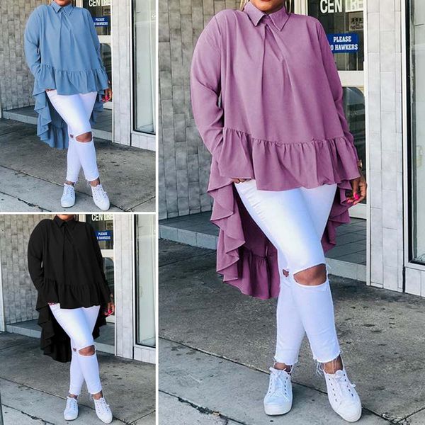 

celmia spring winter women ruffled hem lapel collar long sleeve blouse casual soild back buttons loose shirt blusas 5xl 7, White