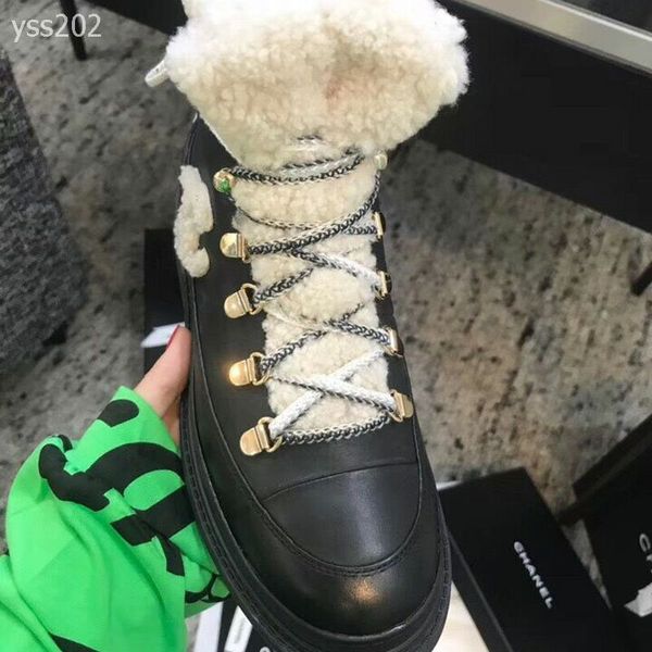 

europe and america women's shoes autumn and winter new cowhide lace-up cleats snow boots warm cotton wool stitching short boots, Black