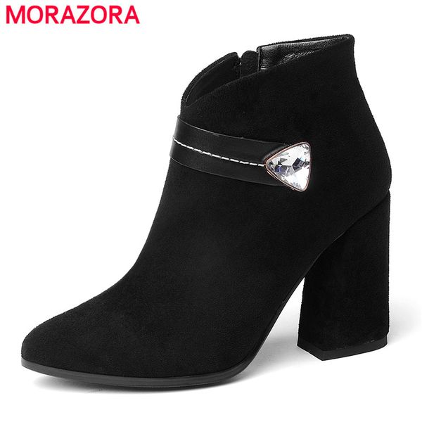 

morazora 2020 new flock nubuck leather ankle boots for women pointed high heels autumn winter boots women shoes, Black