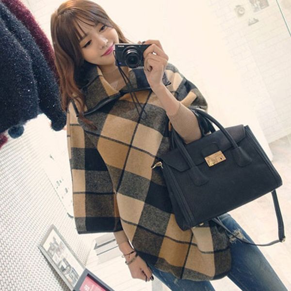 

winter coat poncho style women autumn knitting turtleneck long ponchos and capes pullovers pull warm plaid outerwear, Black