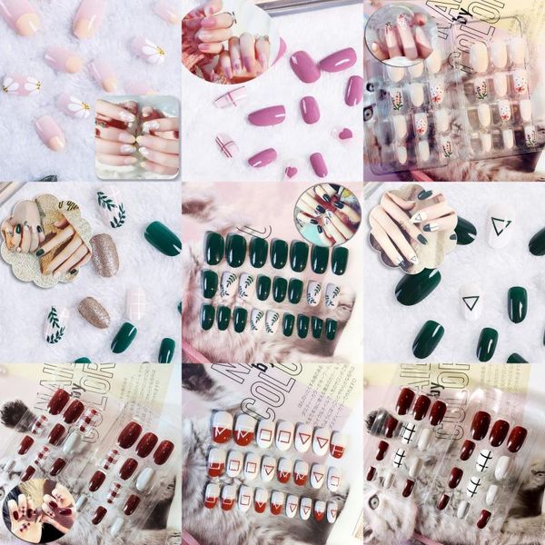 

24pcs false nails tips artificial fake tips full cover short press on nails art polish fingernails patchwork with stickers set, Red;gold