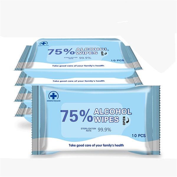 

dhl in stock 10 pcs/bag 75% alcohol skin care wipes antiseptic cleanser wet wipes portable antiseptic pads swabs disinfection