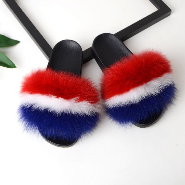 

real fox fur slippers women slippers summer non-slip soft soles comfortable home sandals fashion flat women's furry slippers, Black