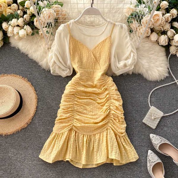 

yocalor 2 piece set women o neck puff sleeve +pleated ruffles v neck spaghetti strap mermaid dress fashion suits, White