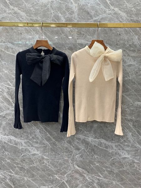 

2020 early spring new women's neckline bow stitching knotted decorative long-sleeved wild sweater 1225, White;black