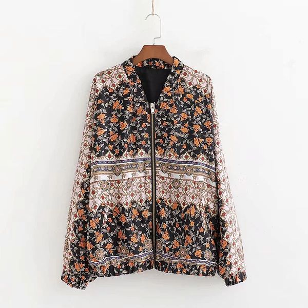 

female vintage flower printing long sleeve women jacket casual v neck loose coat fashion streetwear outerwear casual jacket, Black;brown