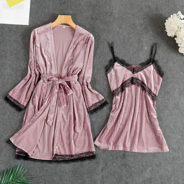 

autumn new gold velvet women robe set black lace long sleeve sleepwear spaghetti strap cardigan twinset nightwear, Black;red