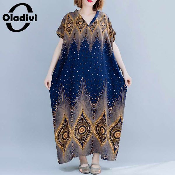 

oladivi oversize women fashion print plus size summer holiday bohemian maxi long dress lady beach casual tunic dress 8xl 7xl 6xl, Black;gray