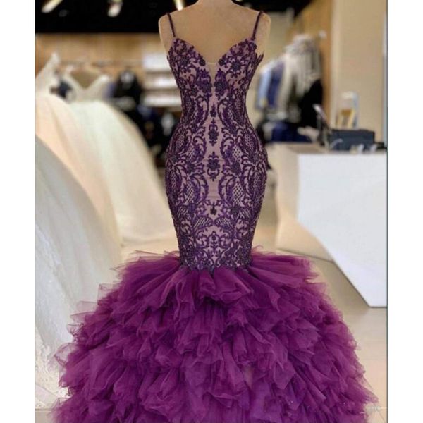 

Purple Mermaid Prom Dresses With Spaghetti Straps Tiered Skirt Tulle And Lace Celebrity Evening Dress Floor Length Sexy 2K19 Party Gowns