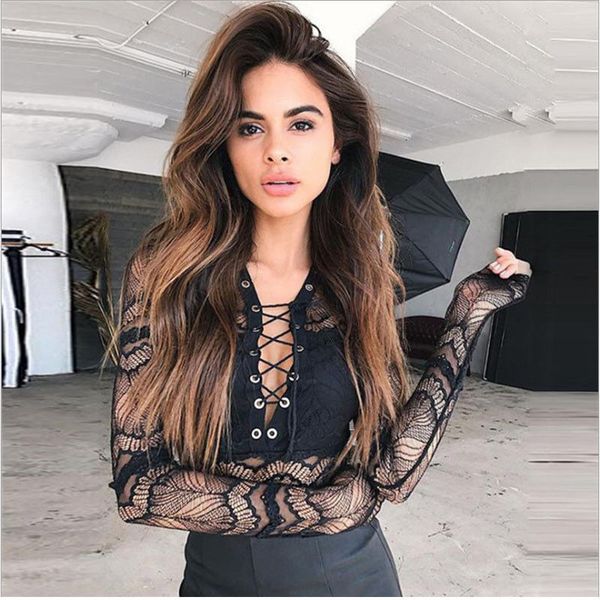 

sexy new женщины прозрачного bodysuits мода лето весна длинный рукав кружево see through глубокого v шея узелок romer трико 2019, Black;white