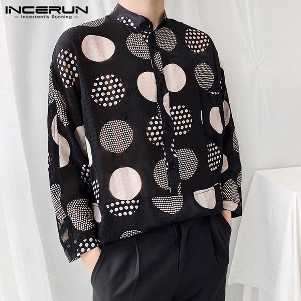 

incerun unique polka dot print collar shirt baggy trend elegant long sleeve mens england gentle wild button men blouse masculina, White;black