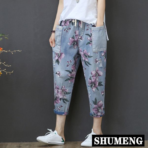 

vintage capris jeans woman summer 2020 high waist calf-length denim pants floral print loose jeans capri for women jean trousers, Blue