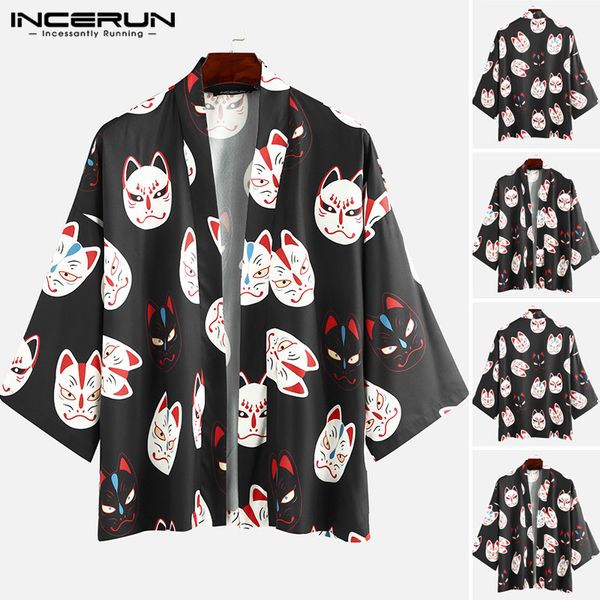 

men's casual shirts incerun vintage cat pattern floral cardigan outwear fashion man long sleeve printed loose kimono camisa masculina, White;black