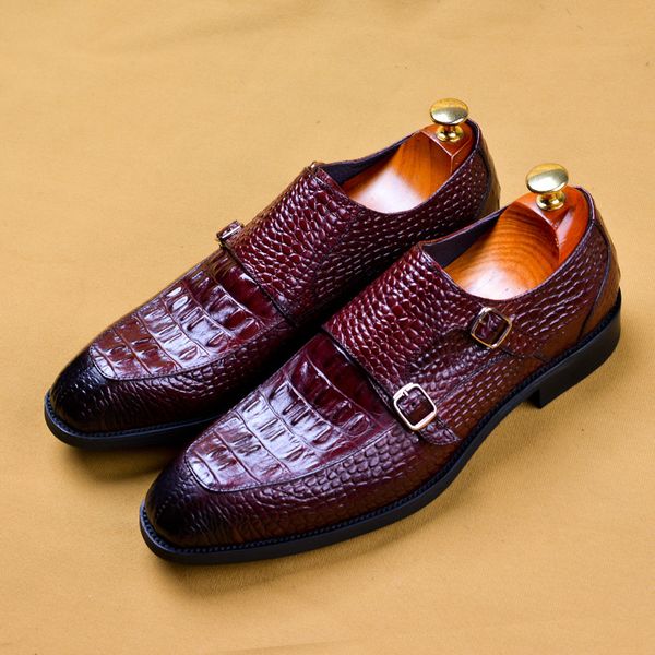 

crocodile grain summer loafers dress leather shoes causal business shoes mens wedding groom with buckle, Black