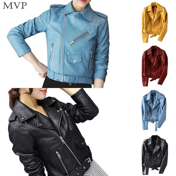 

new fashion women casual artificial leather solid button zipper jacket outwear buckle belt hem, regular fit, Black