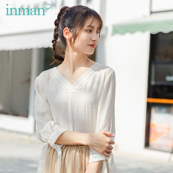 

инман 2020 летний новый прибытие v-образным вырезом элегантные босоножки манжета bowknot сладкий литературной блуза, White