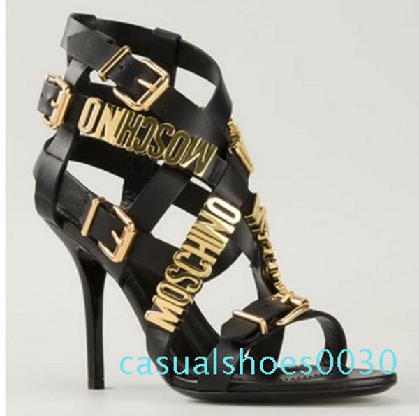 

2020 gold letter cut out gladiators women stiletto heel peep toe summer sandals evening party pumps feminino high qulity c30, Black