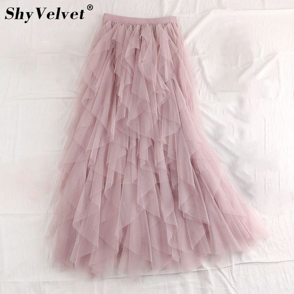 

sweet ruffled irregular maxi long tulle skirts fairy a-line pleated tiered layered skirt flounced long tutu mesh skirt adult, Black